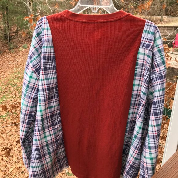 Reworked Flannel Tee, Size L-2XL: Upcycled Oversized Rust Waffle Knit Shirt - Picture 10 of 10